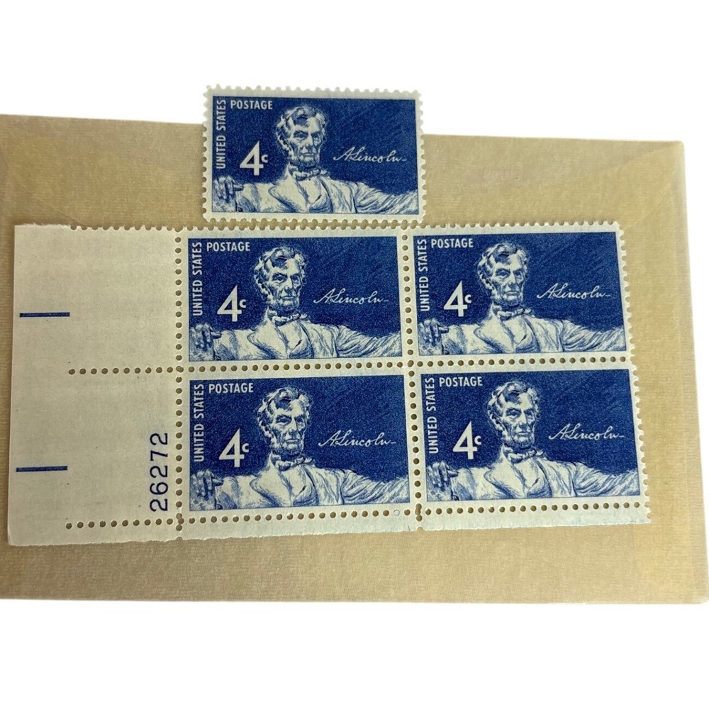 5 US Postage Stamps Abraham Lincoln 4‎ Cent Blue Unused Sheetlet and Single